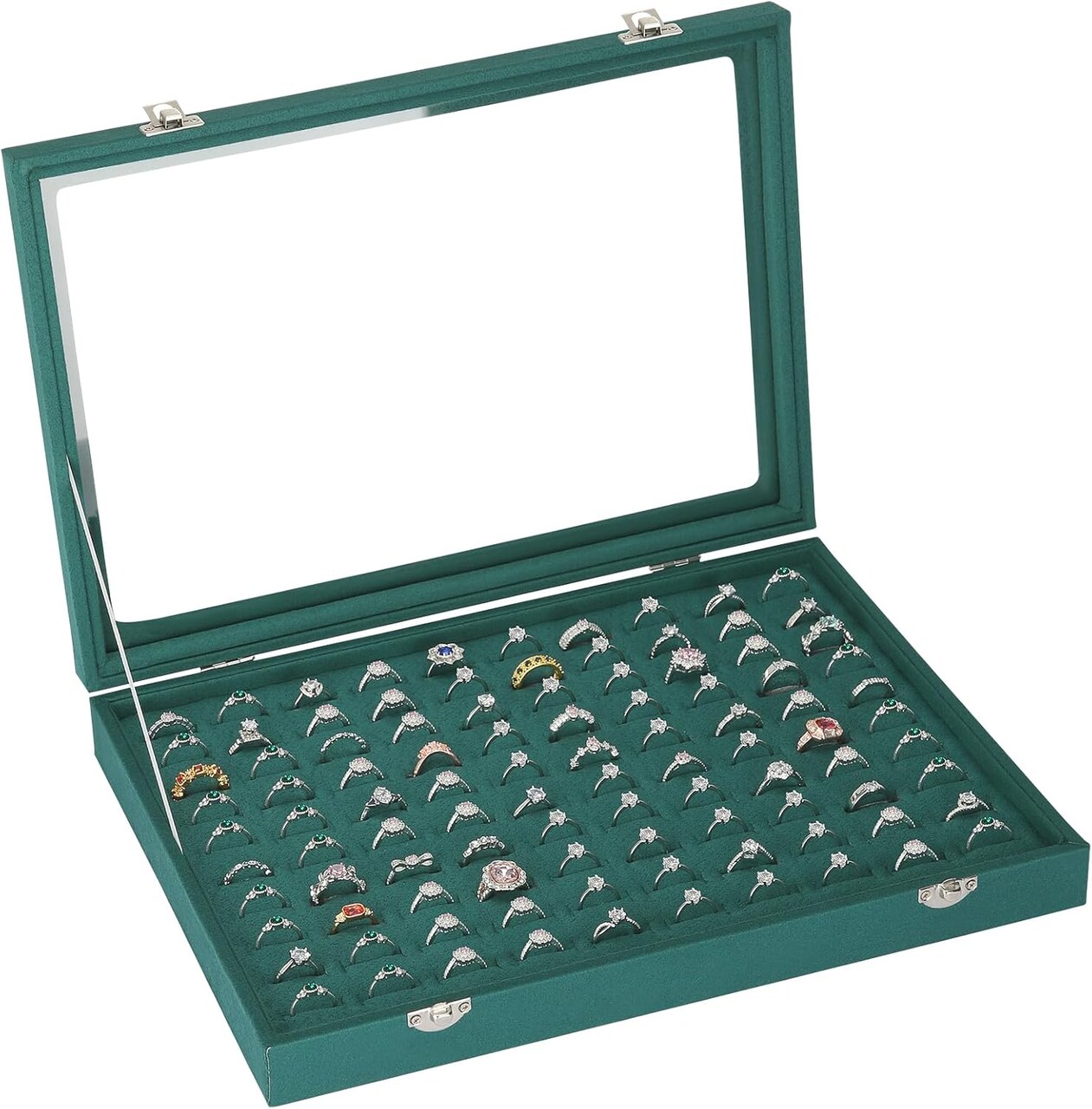 100-Slot Ring Organizer Jewelry Display Tray – Velvet Ring & Stud Earring Storage Box with Transparent Lid for Home, Dresser, or Store Display (Green)